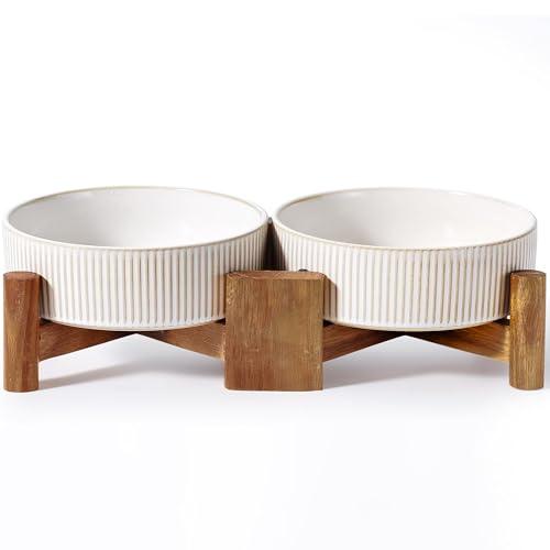 Getstar Elevated Ceramic Dog Cat Bowl Set - 1.8-Cup Raised Feeding Bowls with Non-Slip Wood Stand - Small Pet Dishes for Food and Water - Ideal for Cats and Puppies