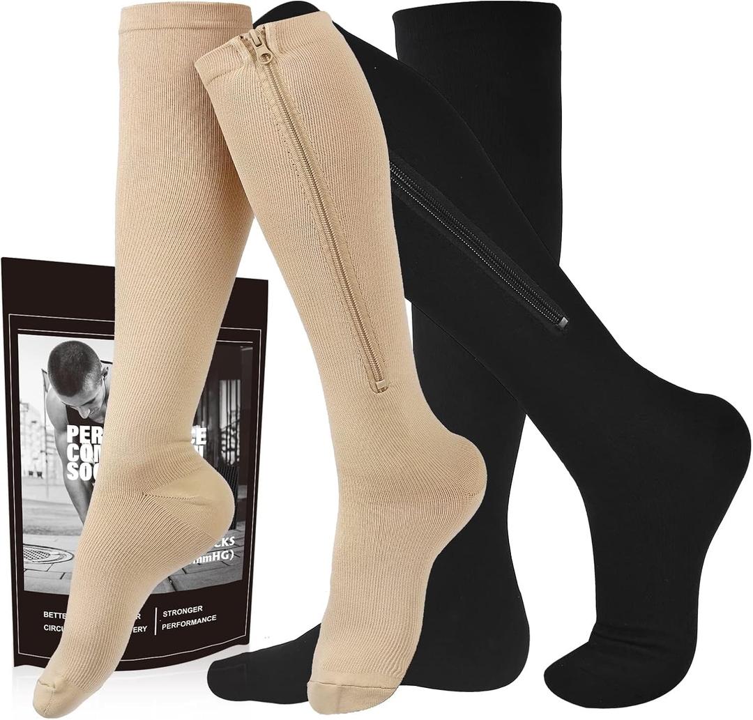 Zipper Compression Socks, 2 Pairs 15-20 mmHg Closed Toe Compression Stockings for Men Women (4X-Large, Black/Beige)