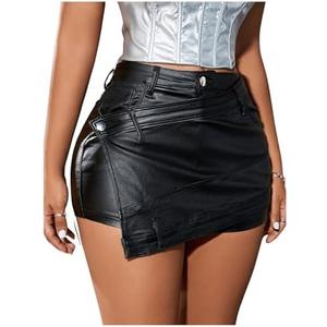 SHENHE Women's PU Leather Skort High Waist Sexy Bodycon Wrap Mini Skirt Asymmetrical Shorts XL