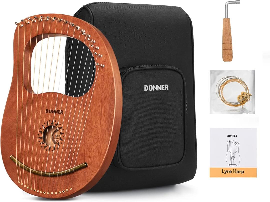 Donner Lyre Harp, 16 Metal Strings, Mahogany Body and Copper Saddle DLH-003 Lyre Harp with Tuning Wrench, Spare String Set, Black Gig Bag, Manual, Ancient Greece Style