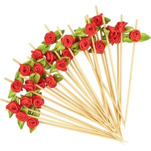 100pcs Red Rose Flower Cocktail Picks 4.7 Inch, Valentine Decorations Toothpicks for Appetizers Bamboo Fruit Skewers Food Picks for Wedding Valentine Holiday Party Decoration (Red)