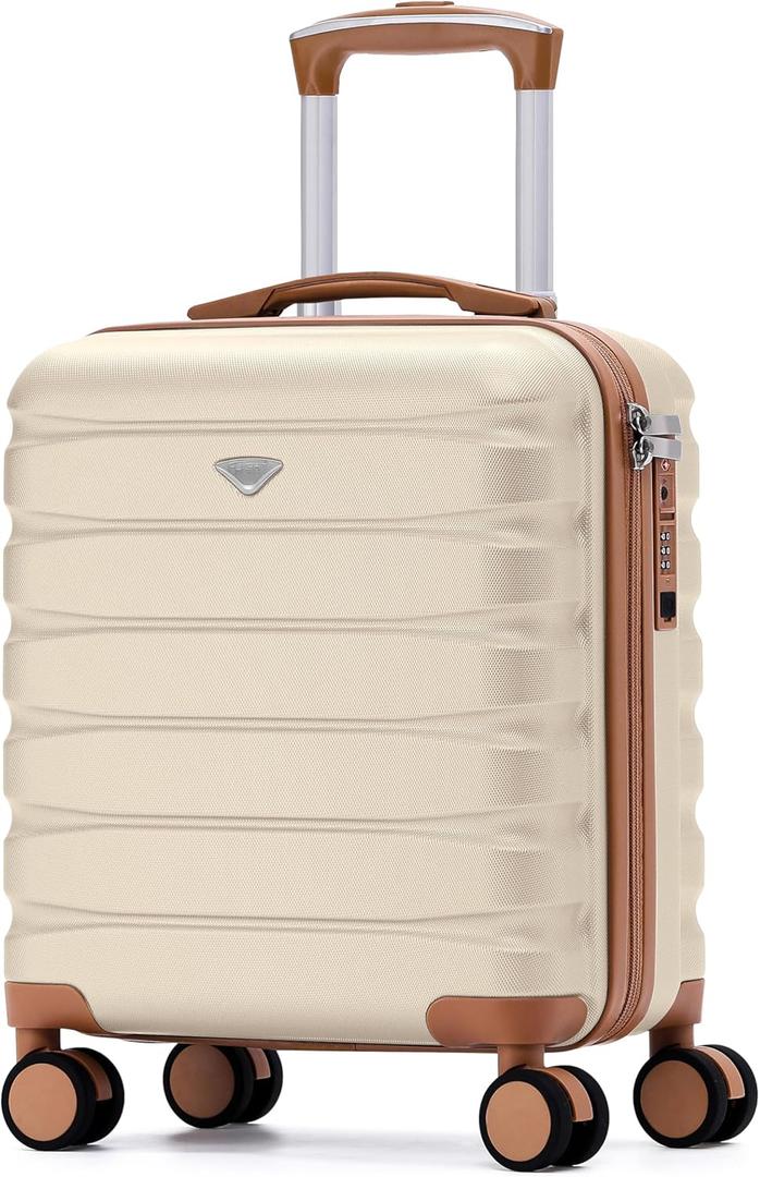 Flight Knight Carry On Suitcase 18x14x8" Hardside Built In TSA Lock & USB Port Lightweight Luggage Silent Double Spinner Wheels Maximum Underseat Carry-On Bag For American & United Approved Airlines (Cream/Tan)