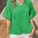 Tankaneo Womens Summer Puff Sleeve Tops V Neck Blouses Casual Tee Shirts (Green, L)
