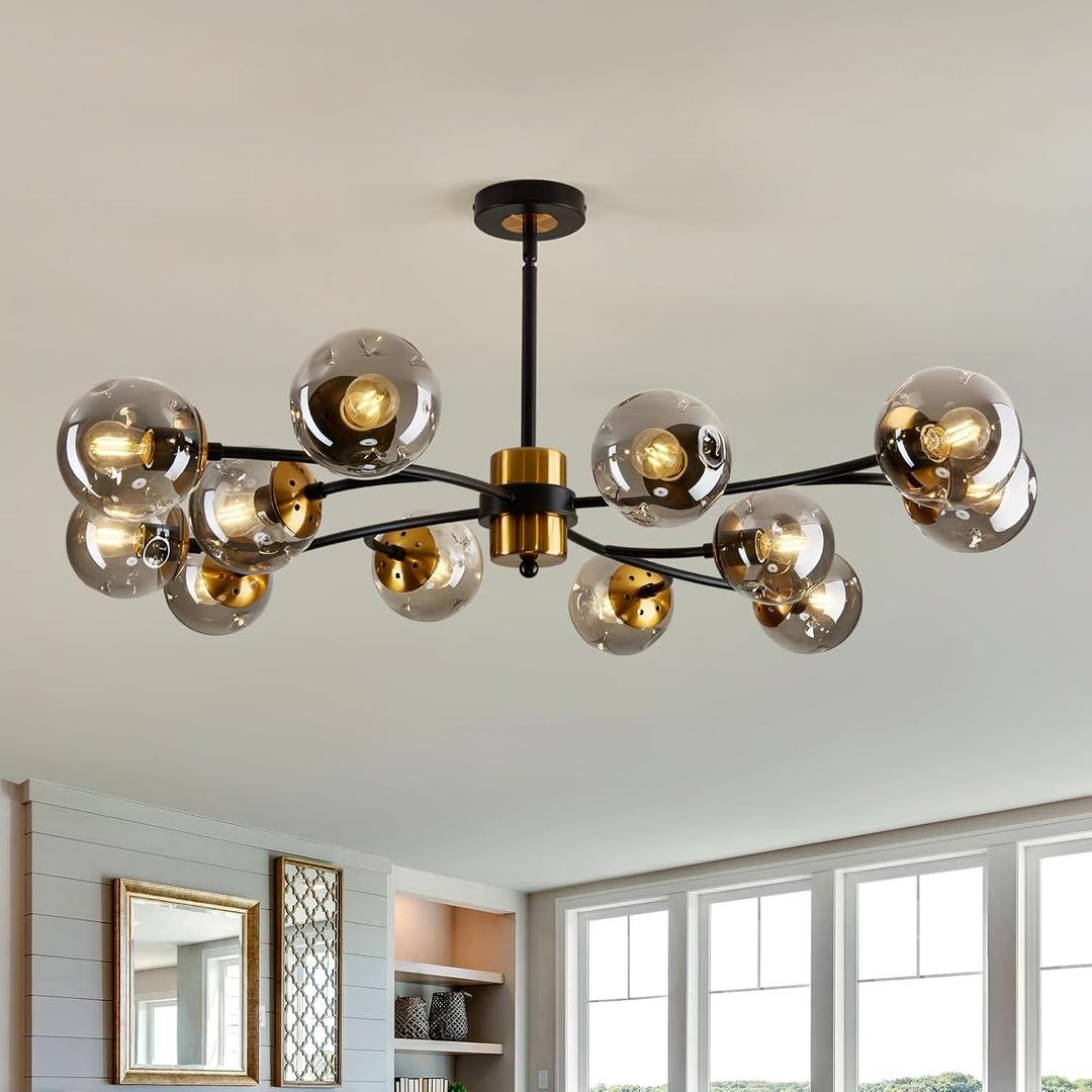 12-Light Large Sputnik Chandelier with Glass Globe Mid Century Modern Matte Black and Gold Ceiling Light Fixture Vintage Pendant Lighting for Dining Room Bedroom Kitchen Living Room Foyer