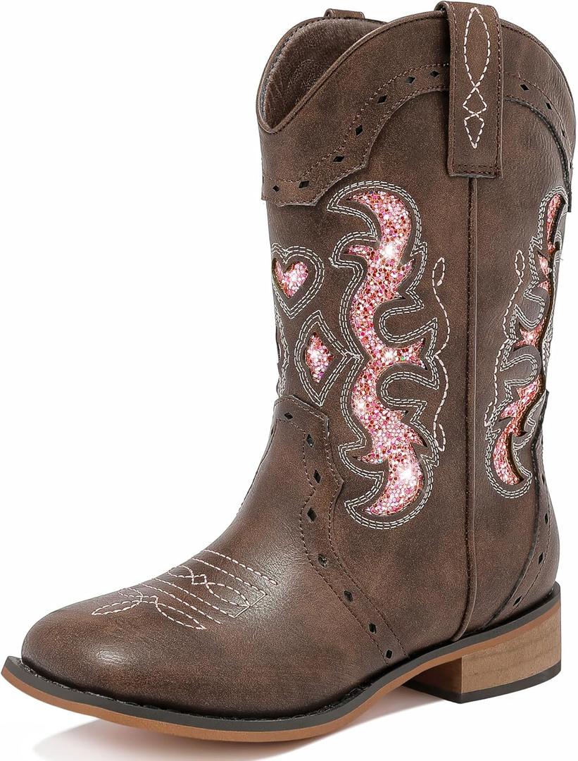 LAURMOSA Girls Cowboy Boots Brown Little Girls Glitter Cowgirl Old West Boots Size 12 Cowboy Shoes Square Toe Embroidered Kids Cowgirl Horse Riding Shoes Party(L1050BrownPink 12)