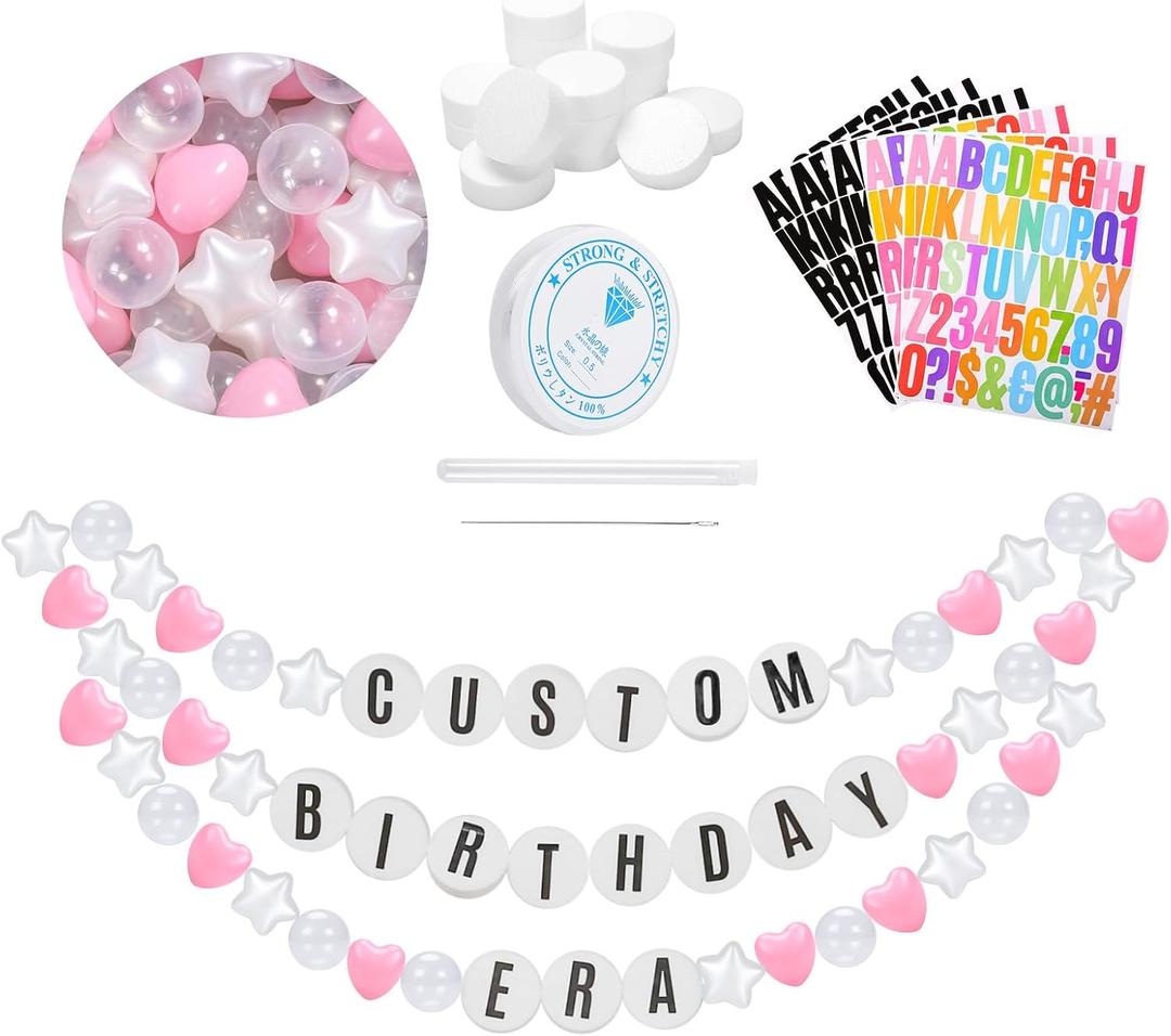 Kpop Theme Party Decorations Christmas Giant Friendship Bracelet Garland Kit Customizable Friendship Bracelet DIY Banner with Letters Plastic Balls DIY Supplies for Wedding Decor(Pink Color)
