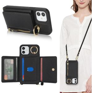 for iPhone 12 Mini Case with Card Holder,for iPhone 12 Mini Wallet Case for Women with Strap Crossbody Lanyard Stand Ring,PU Leather Zipper Pocket Phone Cover-Black