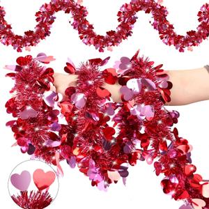 50 Feet Valentines Day Tinsel Garland Decor, Valentine Heart Tinsel Garlands Red Pink Heart Hanging Garland, Valentine's Day Decorations for Indoor Outdoor Home Wedding Party Mantel Table