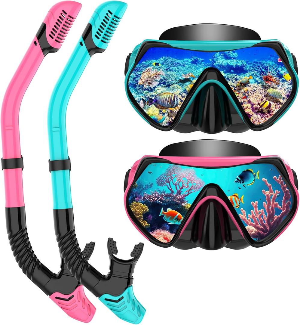 Snorkeling Gear for Adults, Dry-Top Snorkel Set Scuba Diving mask, 180Panoramic Wide View Professional Snorkeling Gear Breathing Freely Snorkel Mask (Pink+Green)