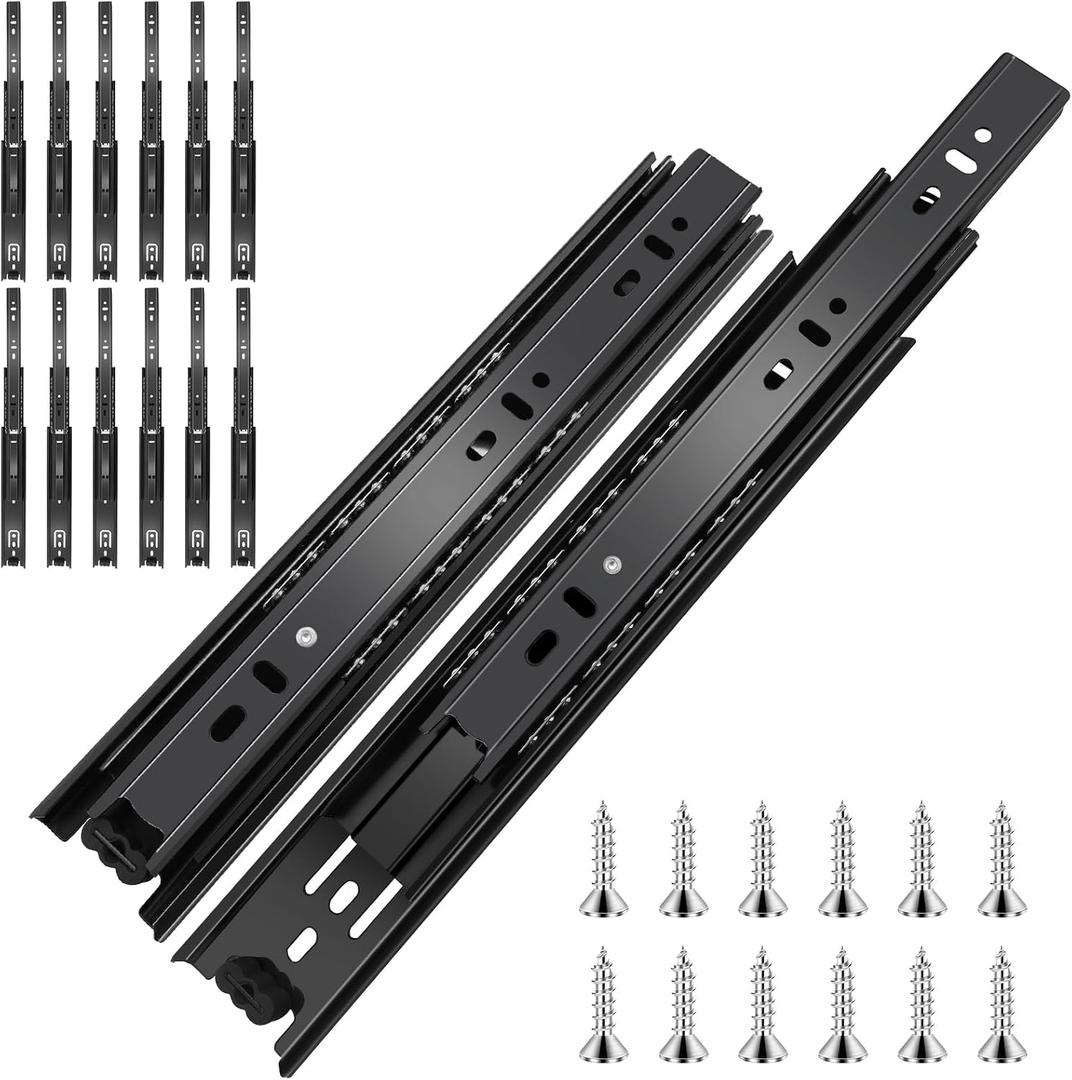 18 inch Ball Bearing Drawer Slides 6 Pairs (12pcs) - 100LB Capacity, Full Extension Side Mount Slides for Kitchen Cabinets, Wardrobes, Office Furniture (Black 18inch)