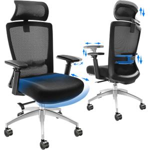 VEVOR Office Chair with Adjustable Seat Depth, Ergonomic Desk Chair with Adaptive Backrest Lumbar Support Adjustable Headrest and Armrests, Swivel Computer Task Chair for Home Office, Black