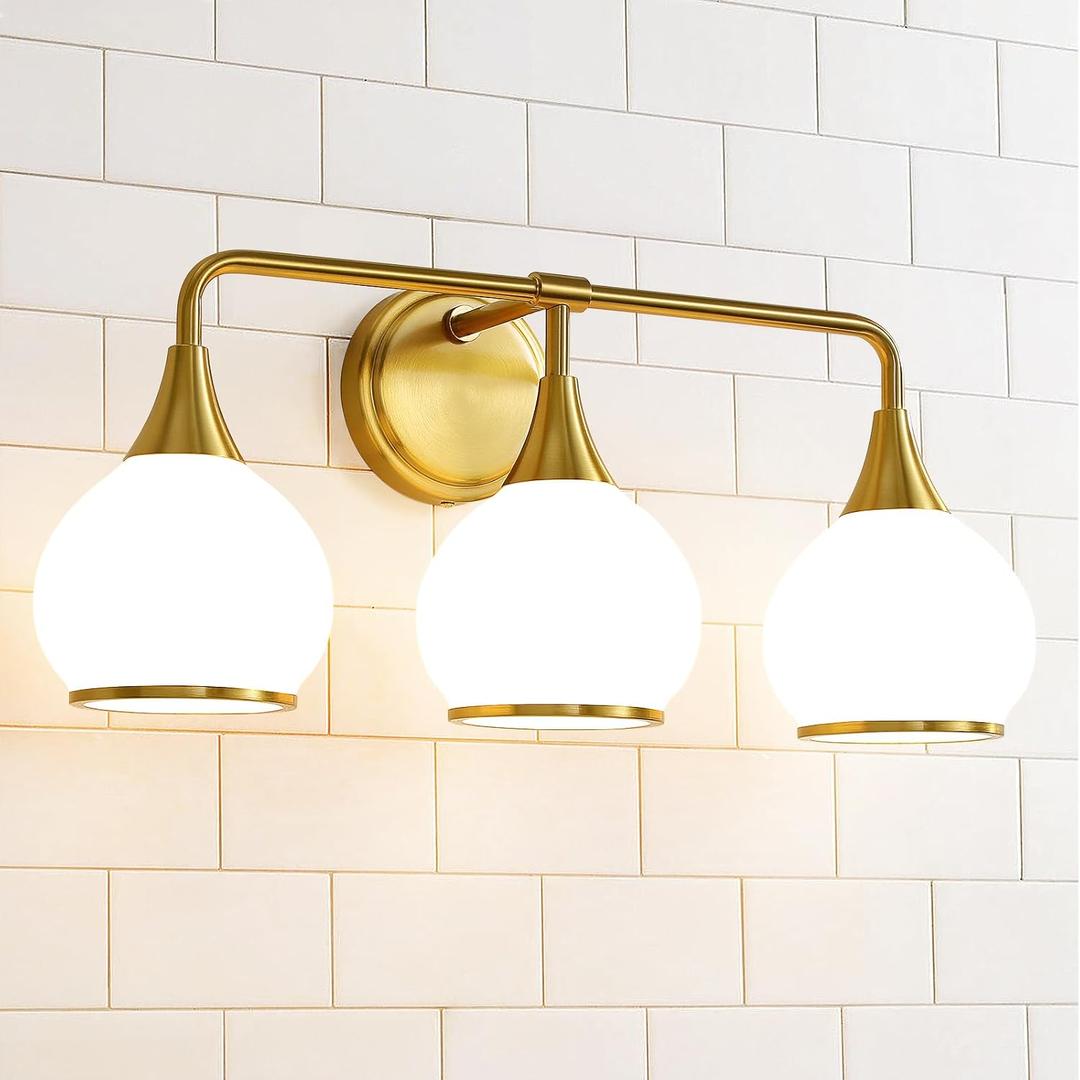 Brushed Gold Bathroom Light Fixtures 3-Lights Vanity Lights with Milky White Frosted Glass Shade Bathroom Vanity Light 22.4 inch Wall Sconce Lighting Bath(Exclude E26 Bulb), 3 Light with Milky White Globe
