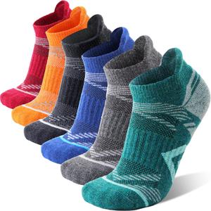 ANTSANG 6 Pairs Merino Wool Ankle Hiking Running Socks Compression Thick Cushion Breathable No Show Socks for Men Women (Large, Blue/Black/Green/Grey/Orange/Red)
