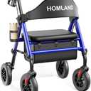 HOMLAND Walkers for Seniors with Seat, Foldable Rollator Walker, Reinforced Aluminum Frame, 8" Big Rubber Wheels for All Terrain, Height Adjustable Lightweight Rolling Walker
