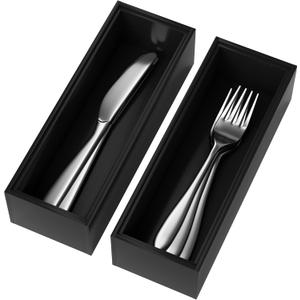 Premium Bamboo Kitchen Drawer Organizer - Set of 2, Stackable Utensils Holder, Storage Box Tray for Kitchen Drawers, Cabinet, Utensil, Silverware, Spatula, Flatware or Makeup, Vanity, Bathroom(Black) (9 x 3 x 2 Inch)