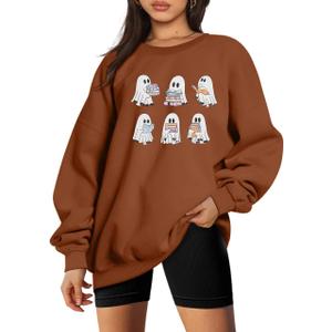 UNIQUEONE Halloween Sweatshirts for Women Ghost Reading Books Sweater Cute Spooky Bookish Shirt Fall Pullover Tops (Brown, XXL)