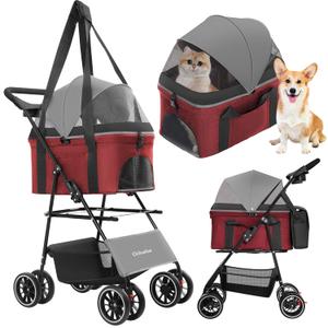 2-in-1 Foldable Pet Stroller with Canopy, 4 Wheels Pet Strolling Cart for Small/Medium Dogs and Cats with Removable Carrier,Breathable Mesh,Mom Tote Bag,Cup Holders,Easy Assembly,Grey+Red