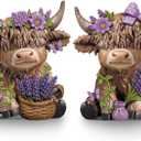 Wesiti 2 Pcs Mother's Day Lavender Highland Cow Figurines Gifts for Mom, Purple Scottish Gnome Resin Statue for Spring Summer Home Garden Kitchen Office Tiered Tray Decor