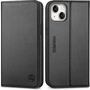SHIELDON Case for iPhone 14 Plus 6.7", Genuine Leather Wallet Case with Kickstand RFID Blocking Card Slots Magnetic Shockproof Cover Compatible with iPhone 14 Plus 2022 - Black