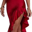 Women's Sexy Satin Spaghetti Strap V Neck Backless Side High Split Ruffle Hem Evening Party Cocktail Maxi Dress (Small, Wine Red)