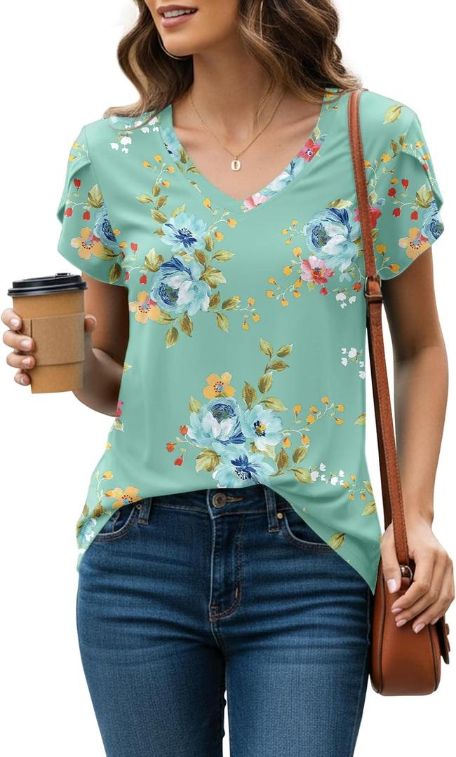 KUOTAI Womens V Neck Petal Sleeve Tops Business Casual Summer Blouses for Work Office Dressy Short Sleeve Tulip Shirts (X-Large, Mint Green)