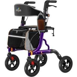 Aojin Rollator Walker for Seniors with Seat, Lightweight & Foldable, 8" All-Terrain Wheels, 18" Big Seat, 6-Level Adjustable Height Rolling Walker, 350 lb Capacity, Purple