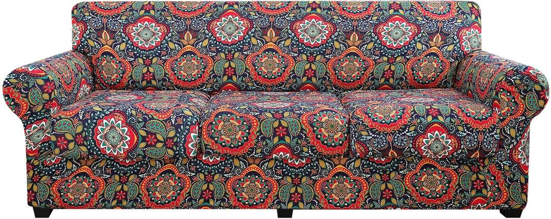 hyha Couch Cover, Floral Pattern, Stretch, Printed, 4 Pieces, Sofa Slipcovers, for 3 Separate Cushion Couch, Washable Furniture Protector for Dogs(Sofa, Mandala Floral) (Large, Red&blue)