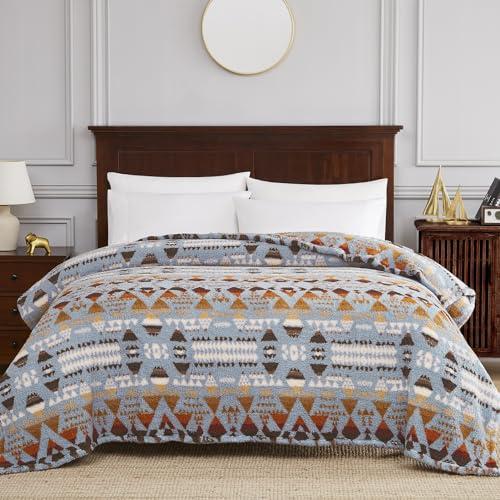 CASAAGUSTO Boho Sherpa Throw Blanket, Aztec King Size Blanket, Ultra Soft, Warm, Cozy, Plush, Thick Fleece Bohemian Throw Blanket for Couch, Bed, Sofa (Blue Grey 108 * 90 Inch)