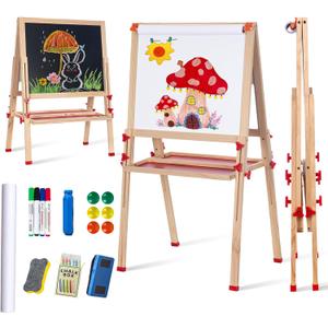 Wooden Adjustable Easel for Kids,Quick-Fold Kids Easel with Paper Roll&Accessories, Double Sided Painting Easels for Toddlers 3,4,5,6,7,8,9,10 Years,Perfect Painting Gifts&Supplies for Boys&Girls