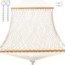 GAFETE 12ft Double Hammocks for Outside, Handwoven Traditional Cotton Rope 2 Person Hammock with Hardwood Spreader Bar, Chains & Hooks for Indoor Outdoor, Max 450 lbs Capacity (Natural Beige, Medium)