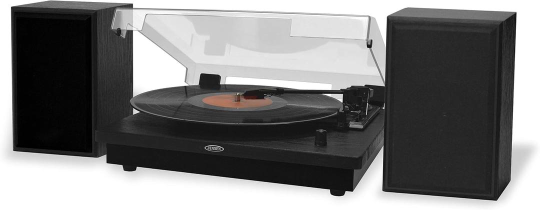 JENSEN JTA-315 Vinyl Record Player 3 Speed Turntable with Speakers and Dual Bluetooth Transmit/Receive, Black