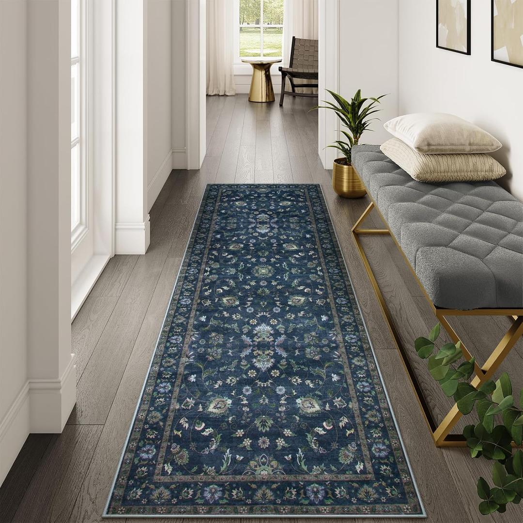 Wonnitar Floral Runners for Hallways, 2.5x8 Washable Runner Rug, Non Slip Vintage Blue Kitchen Runner Rug, Ultra-Thin Stain Resistant Soft Hallway Runner Carpet Runner for Bedroom,(Blue,2'6"x8')