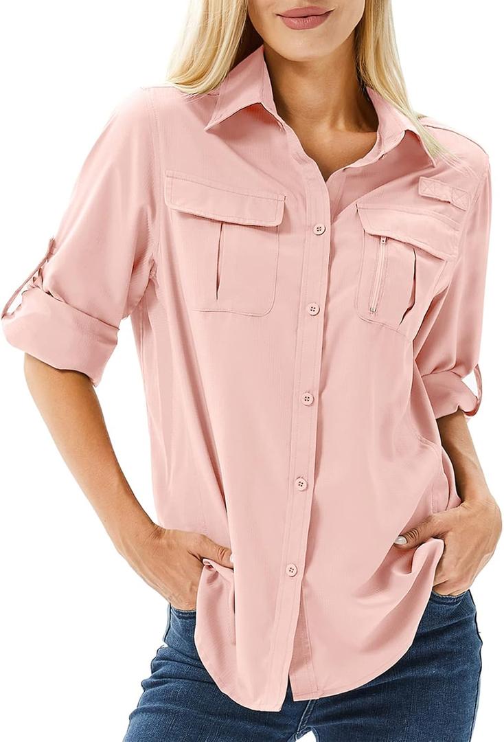 Women's UPF 50 Long Sleeve Sun Protection Shirts Safari Fishing Hiking (Large, Pink)