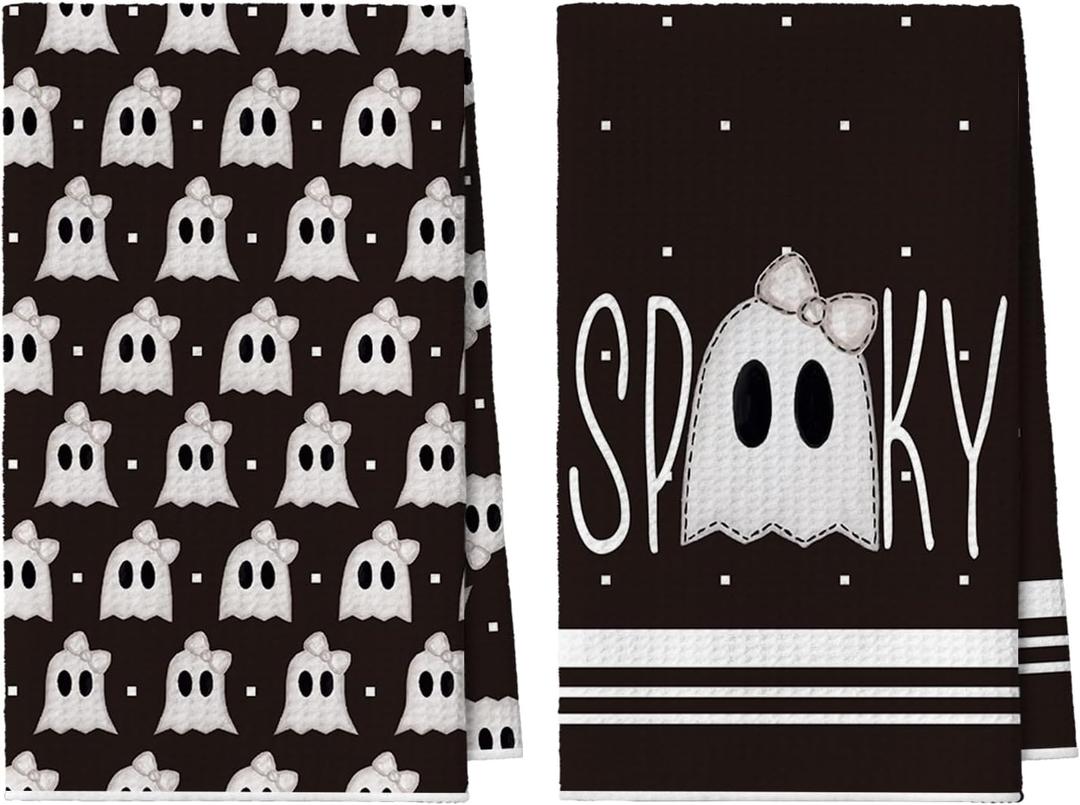 2 x Artoid Mode Black Ghost Spooky Halloween Kitchen Towels Dish Towels, 18x26 Inch Quick Dry Microfiber Cloth Hand Towels for Kitchen Drying Set of 2