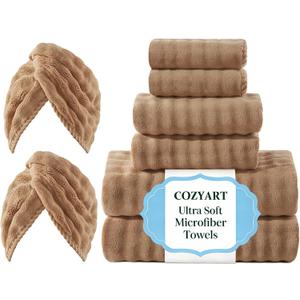 COZYART Lint Free Towel Sets 8 Pcs Tan, Super Soft, Absorbent & Quick Dry Thick Microfiber 3D Bubble Bathroom Daily Use Set with 2 Bath Towels, 2 Hand Towels, 2 Washcloths, 2 Hair Towels