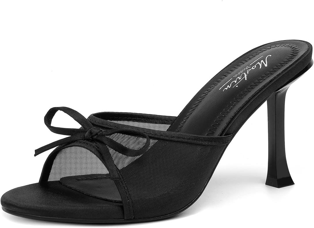 Mostrin Black Mesh Mules Heels with Bow Open Round Toe Stiletto High Heels for Women Dress Slip On Backless Heeled Sandals for Party Holiday, Size 7