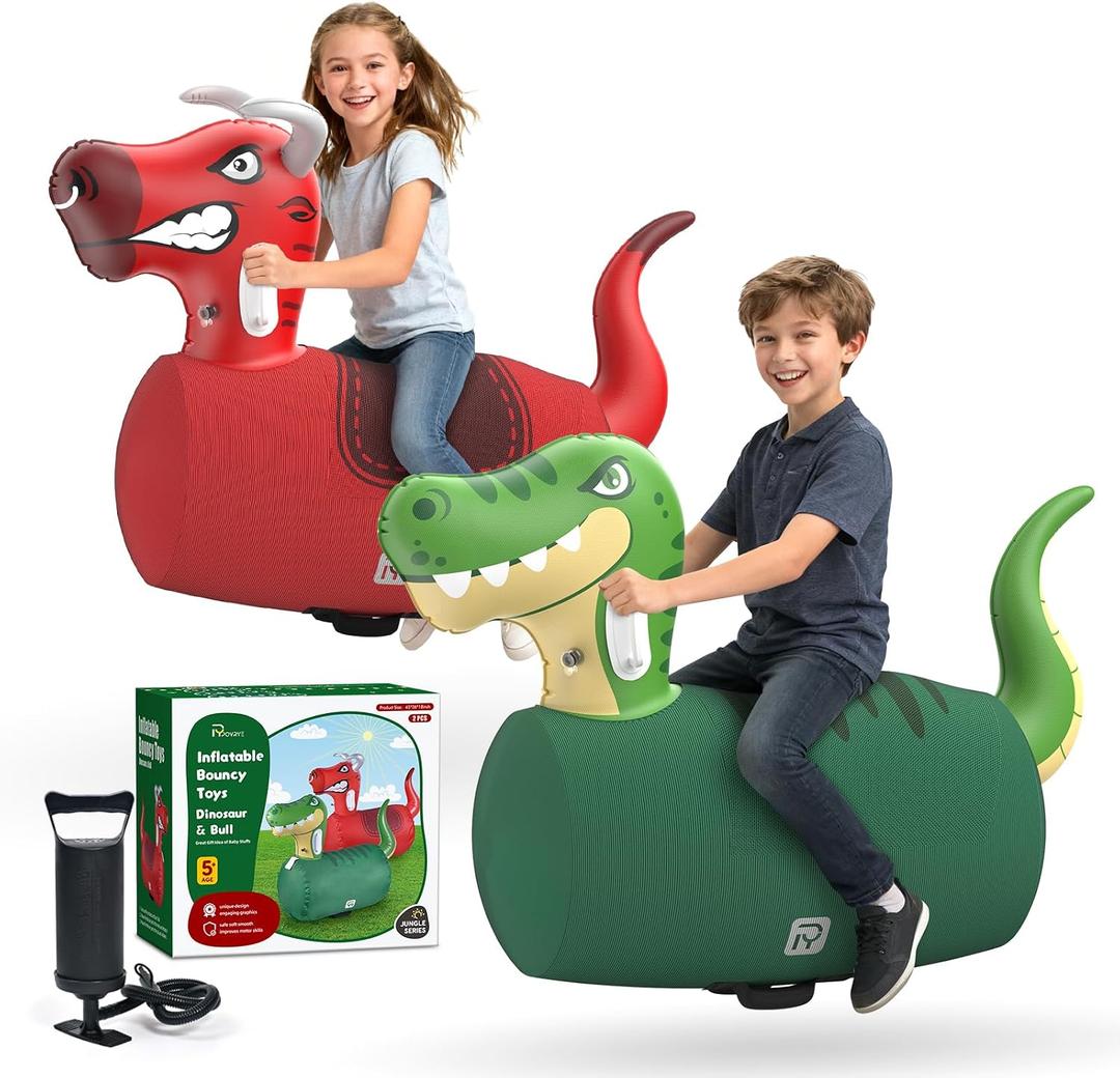 POVYRE Kids Boys Outdoor Toys, 2 PCS Giant Inflatable Dinosaur Bull Toys Bouncy Hopper with Pump, Ride-on Jumping Animal for Indoor Outdoor Play, 220 lbs Capacity, Gift for Ages 5+