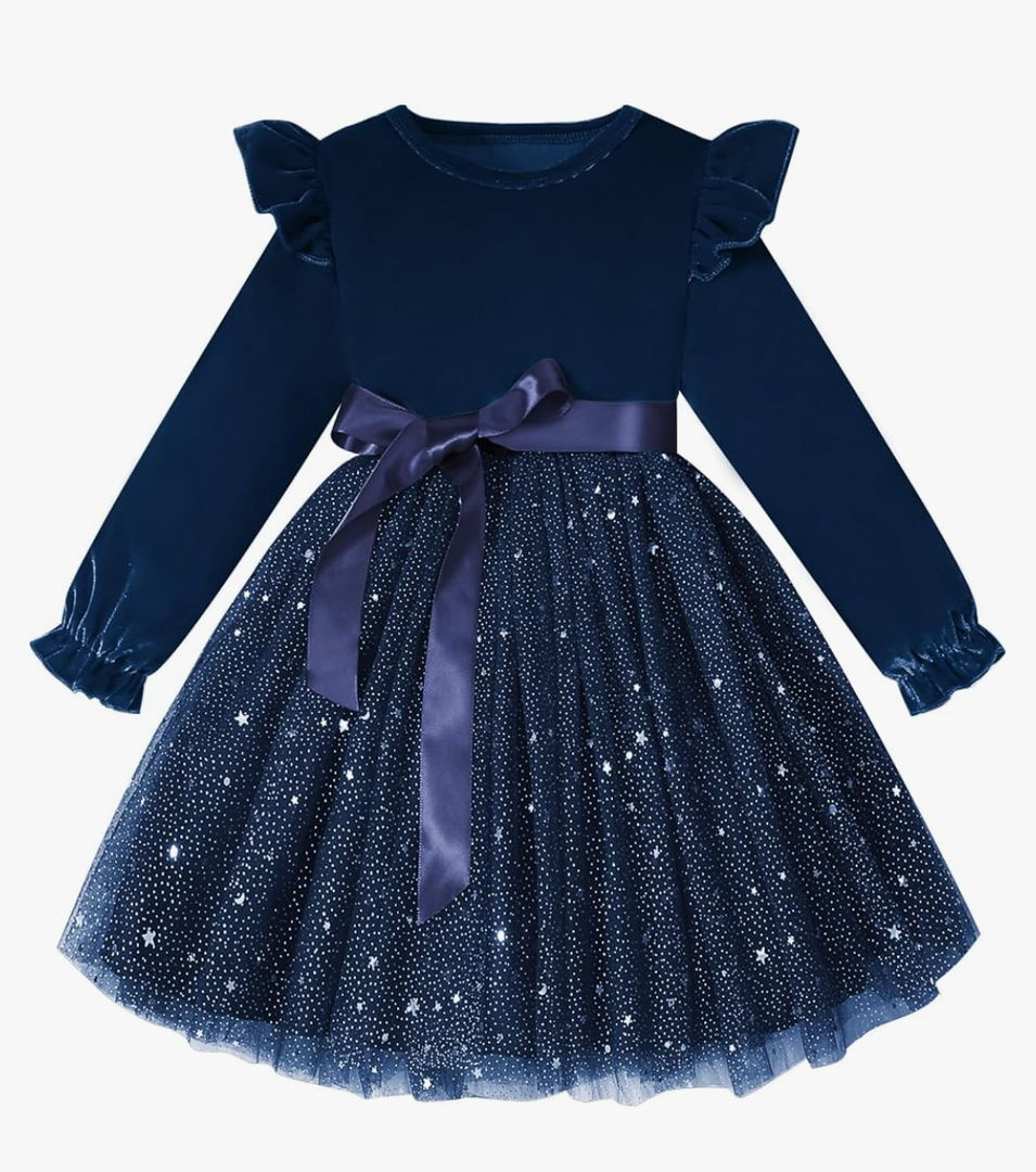 Neutocd Toddler Baby Girl Christmas Dress Long Sleeve Velvet Sequin Tulle Ruffle Winter Party Holiday Dress for Girls 130