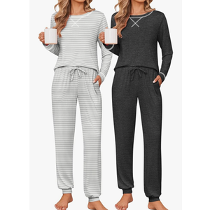 Ekouaer 2 Pack Pajama Sets for Womens Jogger Pants Pjs Long Sleeves Lounge Set Soft Sleepwear with Pockets, Size S