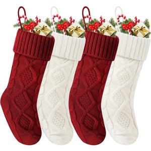 Christmas Stockings 18 Inches,Long Knitted Socks Christmas Decoration Hanging Stocking Fireplace Xmas Tree Stocking for Home Family2red+2white