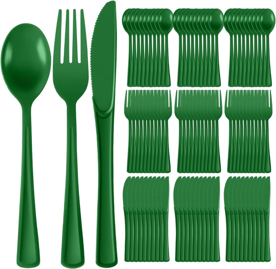 300 PCS Green Plastic Silverware Heavy Duty Disposable Green Utensils Sets Include 100 Plastic Forks, 100 Knives, 100 Spoons for Birthday, Picnic, Christmas, St. Patrick's Day