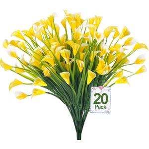 TURNMEON 20 Bundles Calla Lily (400 Heads) Artificial Flowers for Outdoors, Fake Plants UV Resistant Faux Plastic Fake Flowers for Indoor Planter Home Porch Yard Spring Summer Cemetery Decor(Yellow)