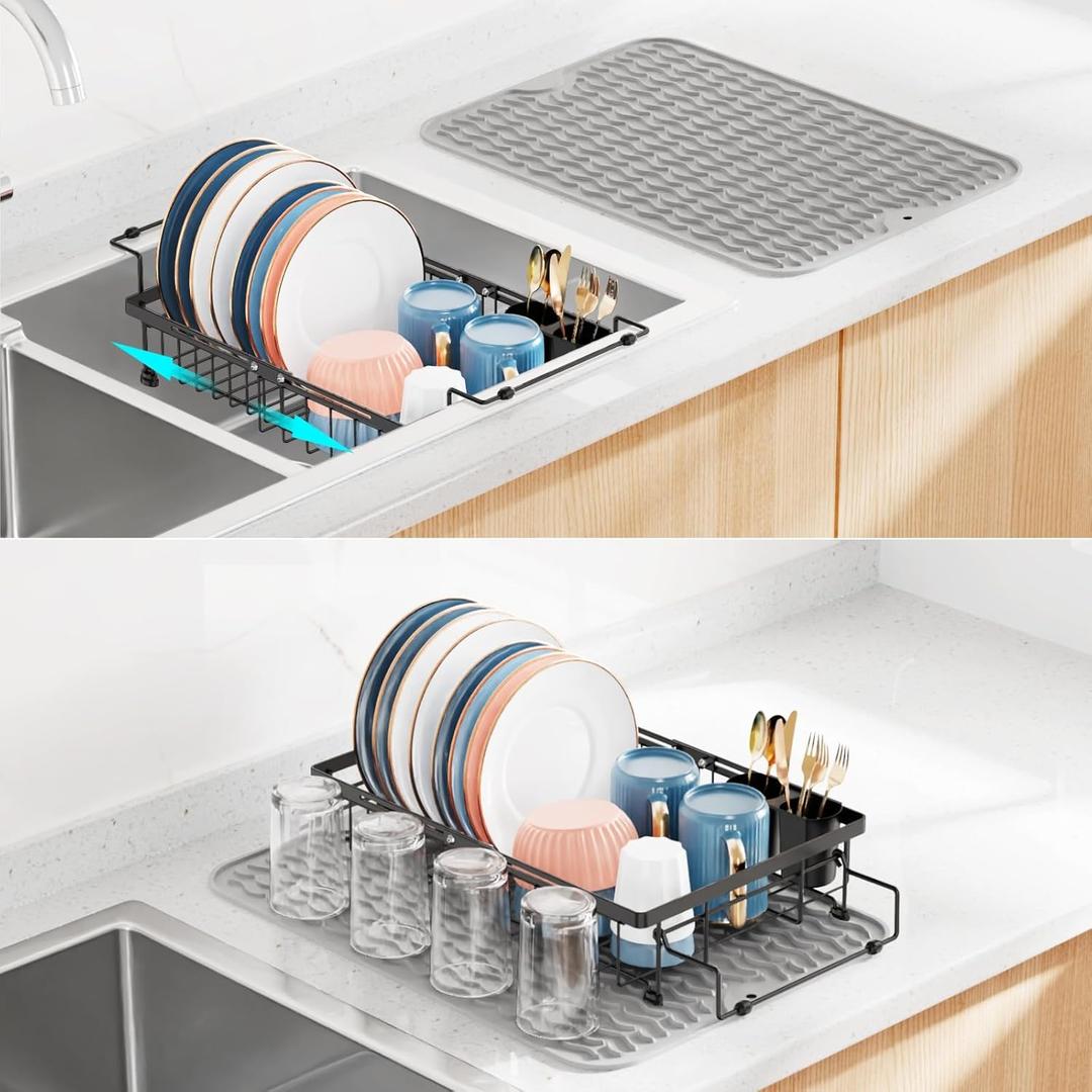 iSPECLE Expandable Dish Drying Rack with Silicone Mat for Kitchen Sink or Counter, Heavy Duty Adjustable Over Sink Dish Drainer with Square Corners, Fit for Modern Single & Double Sinks, Black (Medium (12.8"W | Fits Sink 12.4" - 18.7" L)
