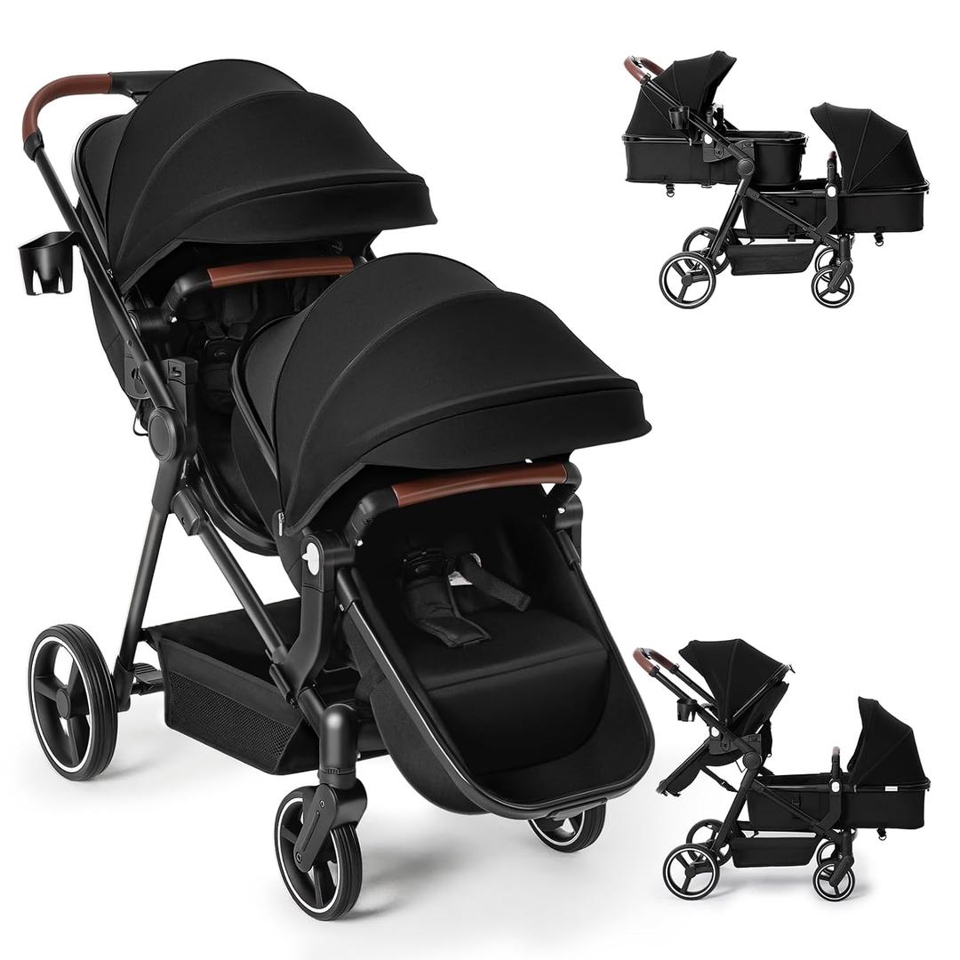 Double Stroller Newborn and Toddler, Foldable Tandem Twin Baby Travel Stroller, Reversible Seat, 5-Point Harness, Adjustable Backrest, Storage Basket/Cup Holder, for 0-36 Months