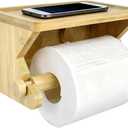 Paper Towel Holder Wall Mount with Phone Shelf by ODEDEN, Self-Adhesive Or Screw Bamboo Toilet Paper Holder for Bathroom, Kitchen RV Renter Friendly (Single)