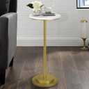 COVLON Drink Table, Carved Table Top Small Pdestal Martini SideTable for Living Room, Bedroom, Modern, Weighted Base, White and Gold