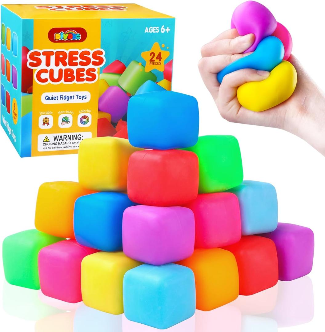 DIYDEC 24 Pcs Stress Cube Toys 8 Colors Slow Rising Stress Balls for Kids Classroom Prizes Goodie Bags Squeeze Stretch Fidget Balls for Party Favors Adults Stress Relief
