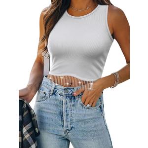 Womens Western Sparkly Fringe Sleeveless Crop Tops Cowgirl Going Out Cropped Tank Tops with Glitter Tassel (White, XL)