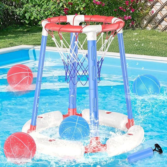 Pool Basketball Hoop with 4 Balls and Pump  Poolside & Floating Basketball Hoop for Pool, Fun Pool Toys & Swimming Pool Games, Water Basketball Game for Kids Ages 3+, Perfect for Summer Parties