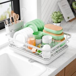 Kitsure Dish Drying Rack - Compact Dish Rack with Utensil Holder & Adjustable Water Outlet, Rust-Proof & Scratch-Resistant Drying Rack for Kitchen, 14.5" x 12.0" x 4.0", Sliver (Silver)